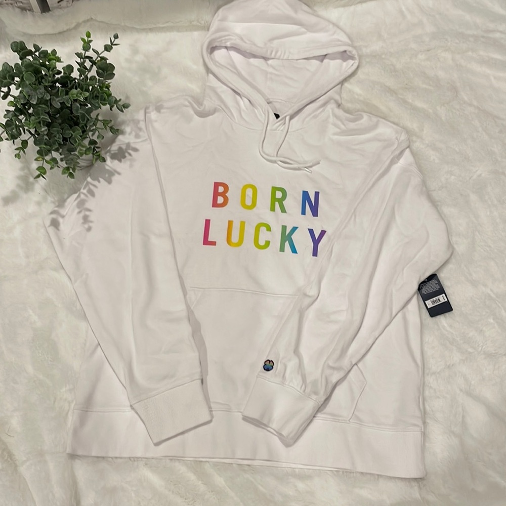 Lucky Brand White “Born Lucky” Hoodie Sweatshirt NWT